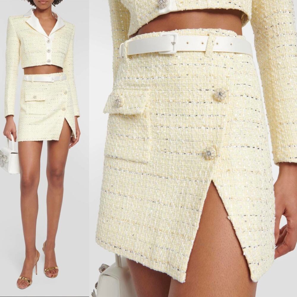 Self Portrait Yellow Boucle Tweed Crystal Button Mini Skirt Size 6
